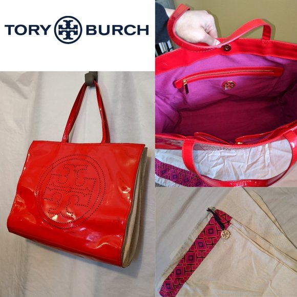 Tory Burch Bags | Tory Burch Red Patent Leather Canvas Tote Bag | Poshmark